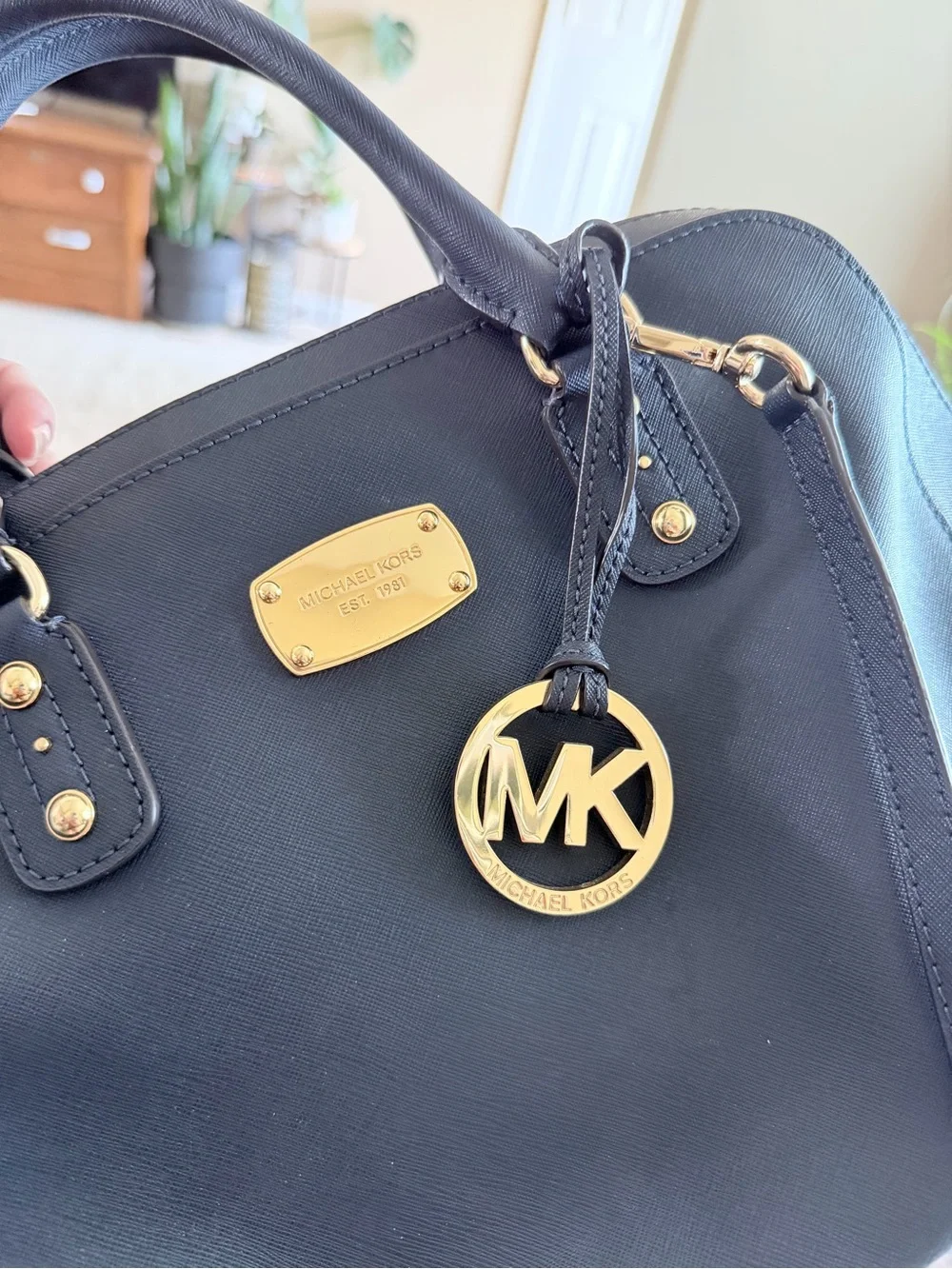 Michael Kors Navy Saffiano Satchel with Gold Hardware